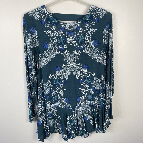 Free People Smooth Talker Tunic Swing Dress Medium Teal Floral Low Back Pockets - Picture 1 of 10